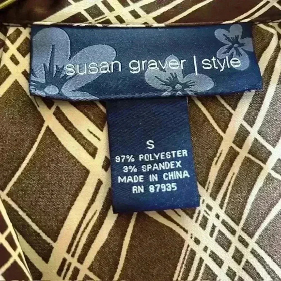 Susan Graver Size Small Button Up Collared 3/4 Sleeve Top, Brown and Cream - Picture 3 of 3